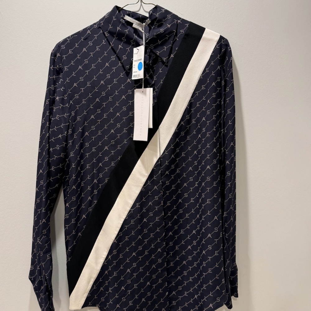 Stella McCartney Navy Blue Striped Monogram Print Silk Odette Shirt S